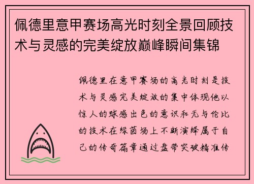 佩德里意甲赛场高光时刻全景回顾技术与灵感的完美绽放巅峰瞬间集锦
