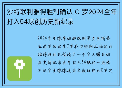 沙特联利雅得胜利确认 C 罗2024全年打入54球创历史新纪录 沙特联利雅得胜利确认 C 罗2024全年打入54球创历史新纪录