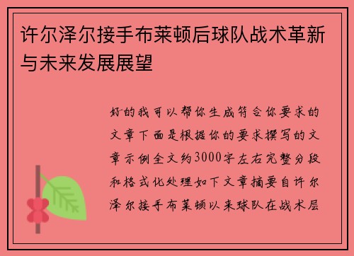 许尔泽尔接手布莱顿后球队战术革新与未来发展展望